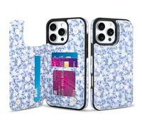SOKAD for iPhone 16 Pro Leather Wallet Case with Card Holder for Women Men, Cute Floral Flowers Pattern, Double Magnetic Clasp Flip Phone Cover with 3 Card Slots, Blue Flower