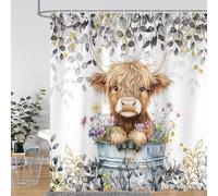 Sokdcam Grey Eucalyptus Highland Cow Shower Curtain for Bathroom, Farmhouse Rustic Cow Watercolor Plant Leaves Bathroom Curtains Set, Funny Cattle Waterproof Fabric Bath Curtains, 72x72 inch