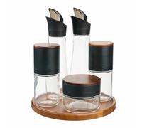 SOKIDS Rotating Glass Condiment Set with Lazy Susan Base, Multi-Purpose Salt and Pepper Shakers with Oil and Vinegar Cruets, Space-Saving Kitchen Table Organizer - Clear Glass and Chrome 6 Pieces