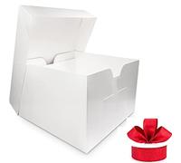 SOKIDS White Tall Cake Box 10x10x10 Inches | Cake Boxes/Gift Box With Lid | Sturdy Cake Carrier | Square Large Wedding Cake Box With 17 Meter Red Shimmer Ribbon (5)