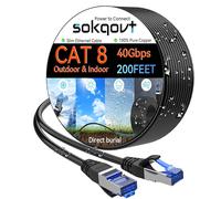 Sokqovt Cat 8 Ethernet Cable Slim 200ft Outdoor&Indoor, Pure Copper Cat8 Internet Cable for Waterproof & Direct Burial, Flexible Cat8 Ethernet Cable 40G 2000MHZ, Cat 8 Network Cable for Indoor Black