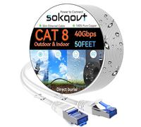 Sokqovt Cat 8 Ethernet Cable Slim 50ft Outdoor & Indoor, Pure Copper Cat8 Internet Cable for Waterproof & Direct Burial, Flexible Cat8 Ethernet Cable 40G 2000MHZ, Cat 8 Network Cable for Indoor White