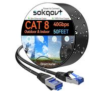 Sokqovt Cat 8 Ethernet Cable Slim 50ft Outdoor&Indoor, Pure Copper Cat8 Internet Cable for Waterproof & Direct Burial, Flexible Cat8 Ethernet Cable 40G 2000MHZ, Cat 8 Network Cable for Indoor Black