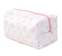 SOKTDO Bow Pencil Case Cute Quilted Bow Y2k Makeup Bag Small Pouch Cosmetic Bag Toiletry Organizer Bag(Light Pink)