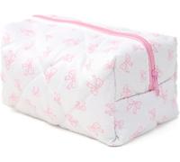 SOKTDO Bow Pencil Case Cute Quilted Bow Y2k Makeup Bag Small Pouch Cosmetic Bag Toiletry Organizer Bag(Light Pink)