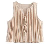 SOKTDO Bow Tie Tank Top Pleated Sleeveless Blouse Front Peplum (Beige, M)