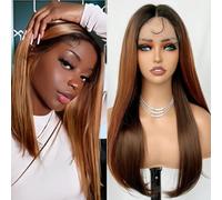 SOKU Long Straight Lace Front Wig with Baby Hair Synthetic 24 Inches Ombre Brown Middle Part Lace Wigs Pre Picked Heat Resistant Soft Hair for Women Girls