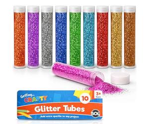 SOL 10pk Kids Glitter Tubes in 10 Assorted Vibrant Colours - Fine Glitter for Arts and Crafts, Slime, Card Making, Nail Art, and Decorations - Easy-Pour Shaker Pots for Kids and Adults