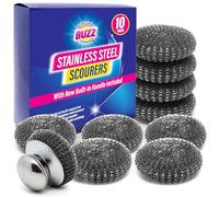 SOL 10pk Stainless Steel Metal Scourer with Handle - Heavy Duty Kitchen Scrubber Set with 9 Refill Balls - Rust Resistant Metal Sponge for Pots, Pans, Grills, and Oven Cleaning