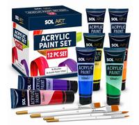 SOL 12pc Acrylic Paint Set - Large Tube Water Based Acrylic Paints | Multi Surface Art Paint for Canvas, Rock, Ceramic & Wood - Kids Acrylic Paint Set, Fast Drying, 8 x 120ml Tubes & 4 Brushes