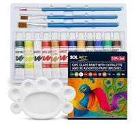 SOL 12pc Glass Paints with 1x Palette and 3x Assorted Paint Brushes - Glass Paints Set for Wine Glasses, Jars, Mirrors, Picture Frames, Candle Holders and Craft Paint for Garden Ornaments