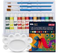 SOL 12Pc Glass Paints With Palette And 3 Assorted Brushes Set For Wine Glasses Jars Mirrors Picture Frames Candle Holders And Garden