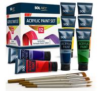 SOL 12Pk Acrylic Paint Set 8 X 120Ml Versatile Paints Plus 4 Brushes For Artists
