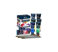 SOL 12pk Acrylic Paint Set 8x120ml Versatile Paints + 4 Brushes for Artists - Vibrant Colours for Canvas, Rock, Ceramic, and Wood - Fast-Drying