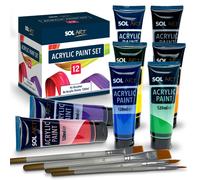 SOL 12pk Acrylic Paint Set 8x120ml Versatile Paints + 4 Brushes for Artists - Vibrant Colours for Canvas, Rock, Ceramic, and Wood - Fast-Drying,