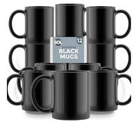 SOL 12pk Stoneware Black Mugs - 11oz Ceramic Cups for Tea & Coffee - Durable Drinkware for Home, Office, Café & Restaurant - Stackable Design - Safe for Hot Beverages, Dishwasher & Microwave Use
