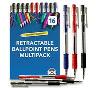 SOL 16pk Retractable Ballpoint Pens Multipack - Smooth Biros Colour Pens | Clip on retractable pens with comfortable grip, assorted colours for office, school, writing and note taking