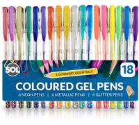 SOL 18pk Gel Pens, 3 Sets of Assorted Coloured Gel Pens for Writing, Glitter, Neon & Metallic Inks in Vibrant Colours, Smooth Ink Flow, Perfect for Journaling, Drawing, Crafting, and Office Supplies
