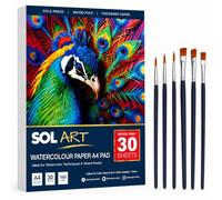 SOL 1pk Watercolour Paper A4 Pad - 160GSM Watercolour Sketchbook A4 | A4 Watercolour Paper Pad for Artists - 30 Sheets 160GSM with 6 Brushes for Painting, Mixed Media & Water Colour Paper