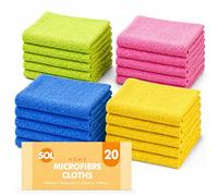 SOL 20pk Microfibre Car Cloths 28x28cm - Absorbent Polishing Towels | Four colour coded cloths for interior, exterior and windows, streak free drying finish