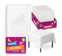 SOL 24pk Square White Table Cloth Party 121x121cm Plastic Cover Tablecloth Disposable for Parties - Thick Full Coverage Heavy Duty Spill Protection - For Supplies Decorations, Kids Birthdays, Weddings