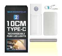 SOL 2pk 10cm Type C Rechargeable Push LED Light - Wireless Motion Sensor Strip Lights for Cupboards, Closets, Drawers, Shelves & Kitchen - USB Powered, Easy to Install, Touch Control