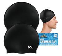 SOL 2pk Adults Swimming Cap, Men Large to XL Black Silicone Waterproof Swim Hat, Designed for Larger Heads and Long Hair, Comfortable Fit, Keeps Hair Dry for All Water Activities