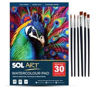 SOL 30 Sheets Watercolour Pad with 6pk Versatile Brushes - A4 Size Paper for Artists and Beginners, Durable Sketchbook for Painting and School Arts & Crafts Projects, Perfect for Kids and Adults DIY