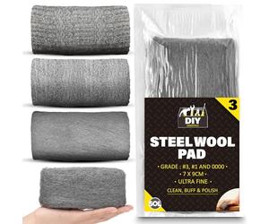 SOL 3pk Fine Wire Wool for Cleaning Assorted Grade 1, 3, 0000 Steel Wool for Polishing 3M Total Length Abrasive Material for Rust Removal Paint Preparation Wood Metal Surface Restoration DIY