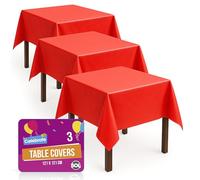 SOL 3pk Red Table Cloths Disposable 121x121cm Durable Plastic Cover For Birthday Parties, Romantic Valentines, Weddings, Chinese New Year, Easter, Festive & Sporting Events, Indoor or Outdoor