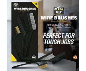 SOL 3Pk Wire Brush Set - Durable Sturdy Wire Brushes For Cleaning - Brass Wire Brush, Metal Brush And Nylon Brush