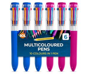 SOL 6pk Multicolour Pen, 10-in-1 Retractable Multi Coloured Pens All in One, Vivid Ink Ballpoint Pens for School & Office, Switchable Biros Ideal for Writing, Drawing & Creative Projects
