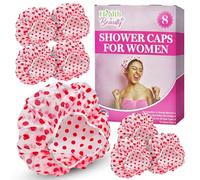 SOL 8pk Shower Caps for Women UK, Red Polka Dot Design, Waterproof Reusable & Large Disposable Bath Hat Men, Durable Plastic, Travel-Friendly, Stretchable Elastic for Long Hair Ladies