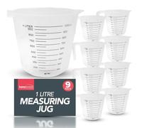 SOL 9pk Plastic Measuring Jugs - Transparent Jug Measuring Scale & Easy-Pour Spout - 1 Litre Capacity - Durable, Lightweight Kitchen Tool for Baking, Cooking & Liquid Measurement