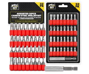 SOL Assorted 32pcs Carbon Steel Drill Bit Set - Includes 8 Phillips, 8 Flat, 8 Torx & 8 Hex Bits - Impact Driver Bits for Versatile Applications - Universal Drill & Screwdriver Set