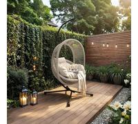 Solace+Co - Lana Rattan Egg Chair with Relaxing Sway (Light Beige) | Contemporary Hanging Egg Chair with Stand, Deep Cushions, Weatherproof and Long Lasting, Suitable for Indoor and Outdoor Use