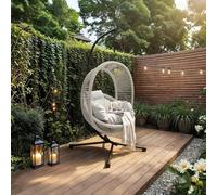 Solace+Co - Lana Rattan Egg Chair with Relaxing Sway (Light Grey) | Contemporary Hanging Egg Chair with Stand, Deep Cushions, Weatherproof and Long Lasting, Suitable for Indoor and Outdoor Use