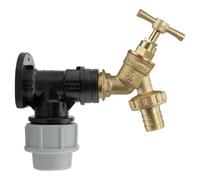 SolaDirect 25mm Mdpe Wall Flange Kit - Wall Plate Elbow With 3/4" Brass Garden Tap & Barb Hose Fitting - Easy To Install Water Hose Connector