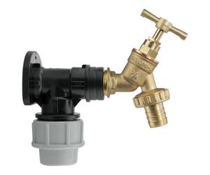 SolaDirect 25mm Mdpe Wall Flange Kit - Wall Plate Elbow With 3/4" Brass Garden Tap & Barb Hose Fitting - Easy To Install Water Hose Connector