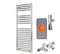 SolAire Heating Products Bray Wifi Dual Fuel Heated Towel Rail With Thermostat, Timer, Straight, Chrome - W500 X H1200 mm