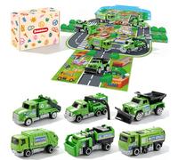 Solalalam Diecast Mini Garbage Truck Toys & Play Mat Box Kids Play Vehicles | 6PCS Die Cast Bin Lorry Toy Truck & Playmat, Multi Model Cleaning Toy Cars for Preschool Learning Storybook Companion Age 3+