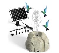 Solar Bird Bath Fountain, Realistic Granite Rock Resin, Dry Run Protection, 10 Nozzles, Outdoor Garden Pond Water Feature, Submersible Pump, for Patio Lawn Yard Hummingbird，Granite White