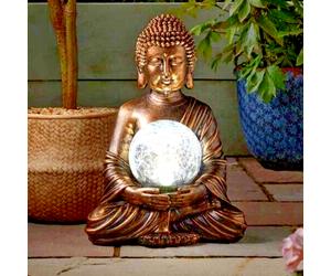 Solar Buddha Garden Ornaments Bronze Effect LED Light Outdoor Zen Figure 37cm