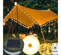 Solar Camping Lights - 2 in 1 Stowable String Lights with 8 Modes, Solar & USB Rechargeable, Waterproof for Indoor & Outdoor Use, Hiking, Garden, Patio (32.8ft)