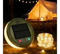 Solar Camping String Lights Reel, 32.8Ft Waterproof Solar & USB LED Camping Fairy Lights with 8 Lighting Modes, Outdoor Portable Retractable Rechargeable Camping Lantern for Camping, Tent, RV