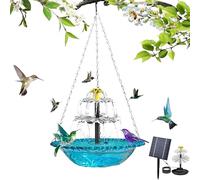 Solar Cascade Hanging Bird Bath Fountain - Metal Solar Powered Birdbath with Water Pump for Outdoor Garden, Weatherproof Hanging Water Feature to Attract Wild Birds & Hummingbirds (Double - Blue)