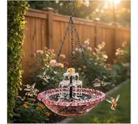 Solar Cascade Hanging Bird Bath Fountain with Glass Bowl, Outdoor Solar Powered Water Feature with Pump for Garden Patio Backyard, Attracts Hummingbirds and Wild Birds Decor (Pink)