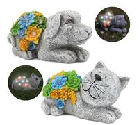 Solar Cat & Dog Garden Ornaments - 11.5cm x 22cm x 15cm Outdoor Cat Statue & Dog Statue with Succulent Plant & LED Lights, Outdoor Decorative Figurine for Patio Balcony Yard Lawn