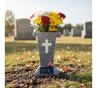 Solar Cemetery Grave Vase for Grave Decor Cemetery Decor, Waterproof Memorial Flower Holder with Cross Light CemeteryFlowers Sympathy Gifts for Loss of Loved One