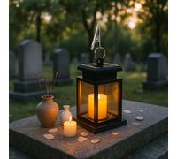 Solar Cemetery Lantern Weatherproof Outdoor Garden Grave Urn Lamp Black Grave Lantern Funeral Lanterns with LED Candles, Small Candle Holder, Lantern